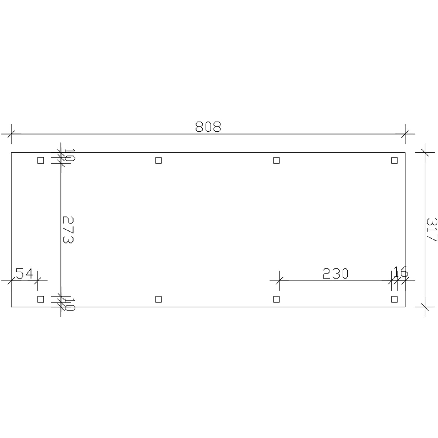 Skizze des Skan Holz Carport Fichtelberg mit Maßen: 317x808cm, Pfostenpositionen und Dachschindeln.