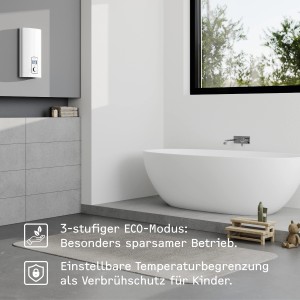 Stiebel Eltron Durchlauferhitzer DEL Plus im modernen Bad. Elektronisch geregelt für gradgenaue Temperatur.