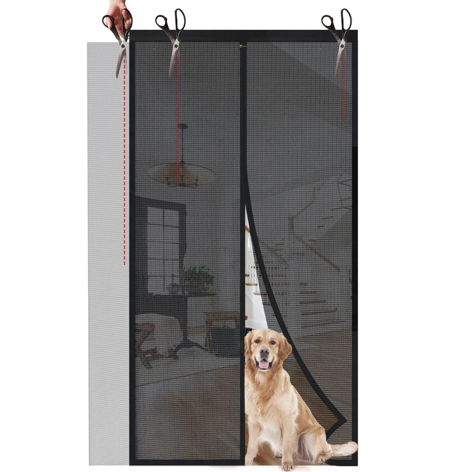 Schwarze Insektenschutz-Tür mit Magnetverschluss, zuschneidbar, ein Hund sitzt davor. Ideal für Balkontür.
