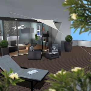 Beiges AMANKA Dreieck Sonnensegel (2x2x2m) aus wasserabweisendem Polyester auf Terrasse mit Gartenmöbeln.