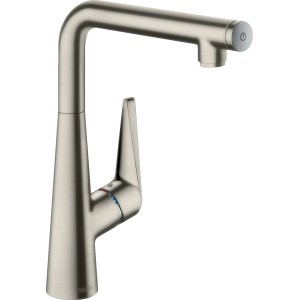 Hansgrohe Talis Select S 300 Küchenarmatur in Edelstahl-Optik mit hohem Auslauf und Select-Taste.