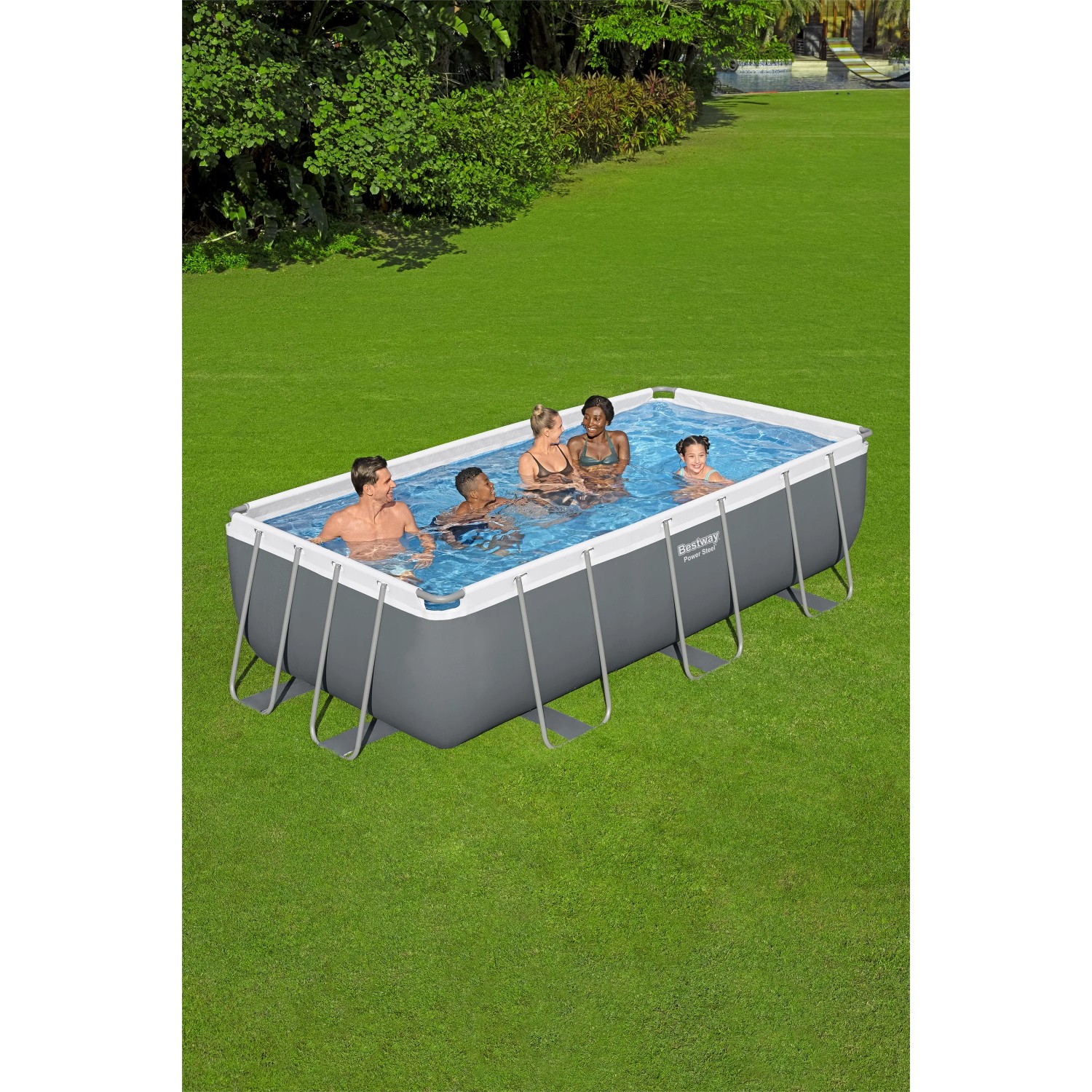 Bestway Stahlrahmenpool-Set Power Steel, eckig, grau, mit Familie im Wasser auf Rasenfläche.