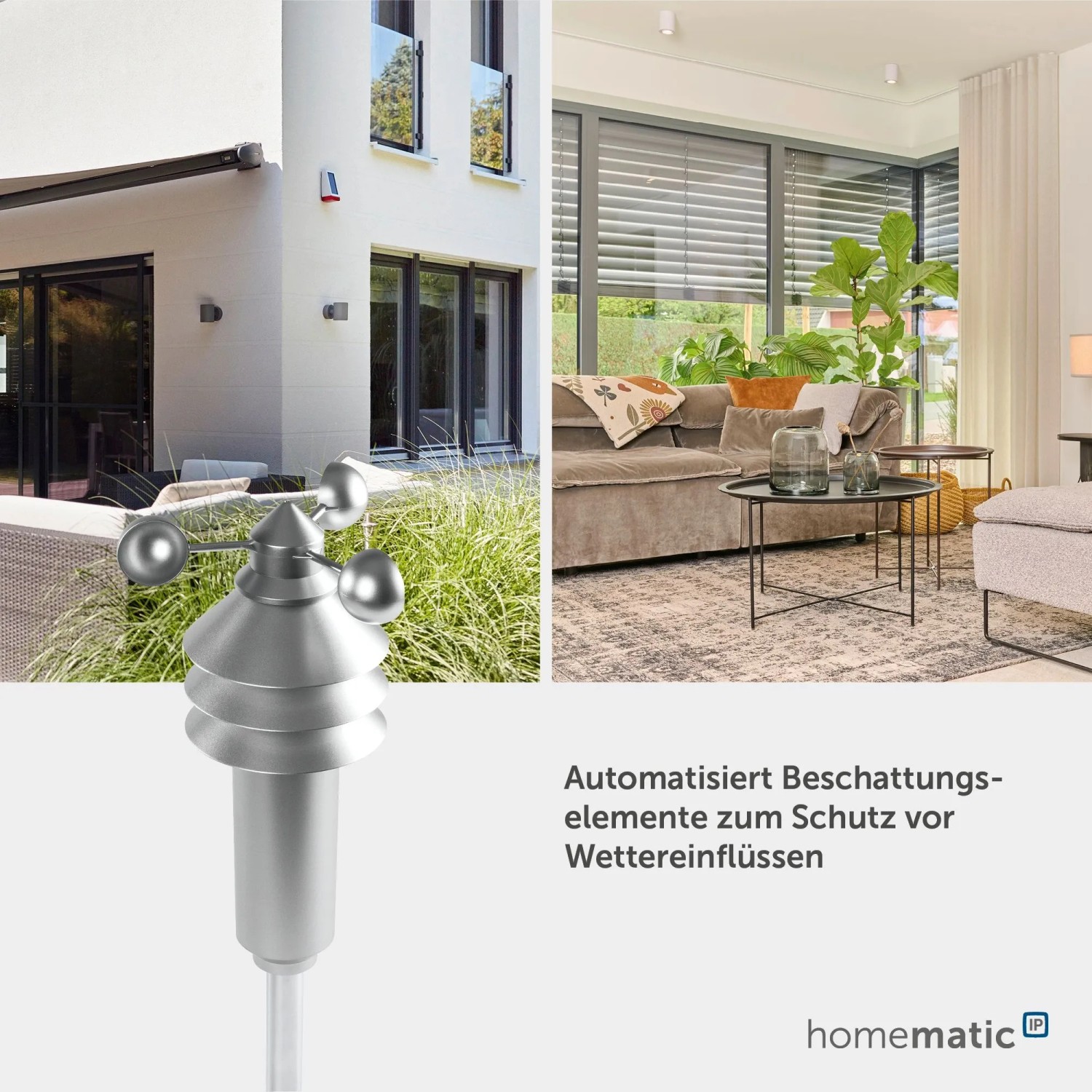 Silberner Homematic IP Wettersensor basic im Garten. Daneben Wohnzimmer mit Jalousien. Hausautomation für Wetterschutz.