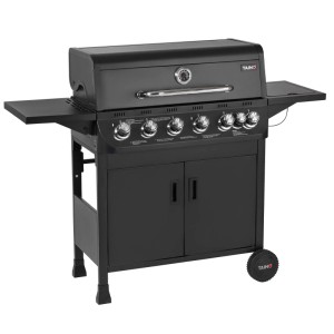 Schwarzer TAINO BRANDO 6+1 Gasgrill mit 6 Brennern, Seitenkocher und Grillwagen.