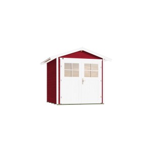 Weka Gartenhaus 224 in Schwedenrot mit weißer Doppeltür und Satteldach.