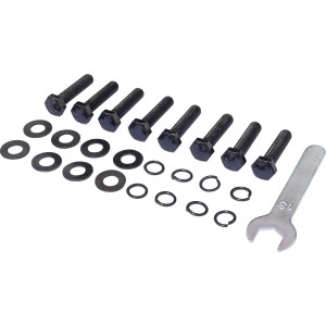 Montage-Set für Bonlee Sitzgruppe mit Schrauben, Unterlegscheiben, Federringen und Maulschlüssel.