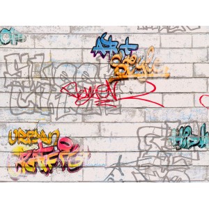 A.S. Création Papiertapete Boys & Girls 6 mit Graffitiwand-Motiv in Grau und Bunt.