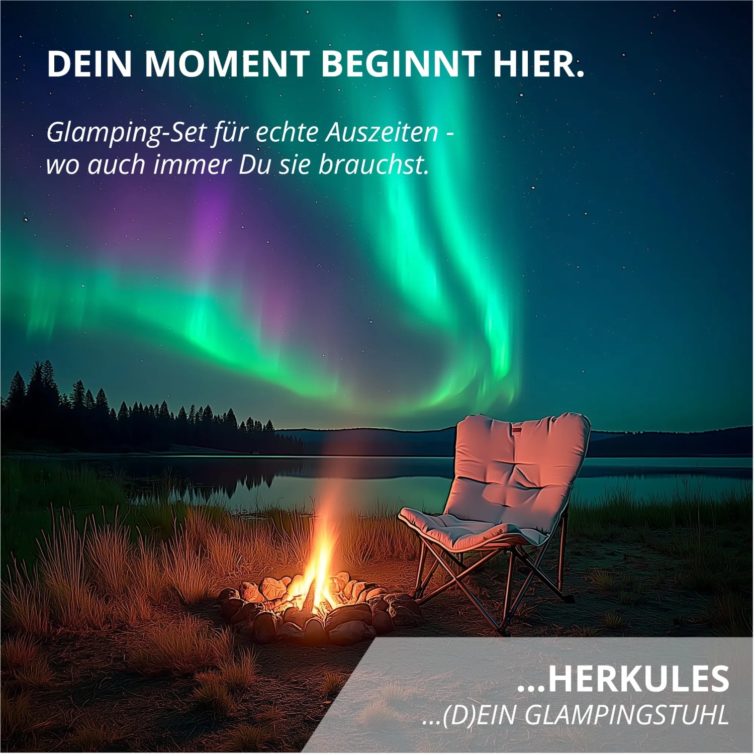 Grauer Eclipse Campingstuhl Herkules am Lagerfeuer unter Nordlichtern. Ideal für Camping, Garten oder Balkon.