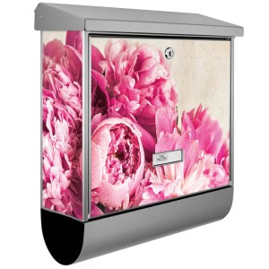 Edelstahl Briefkasten mit Zeitungsfach, Motiv Pfingstrose, inkl. Montagematerial.