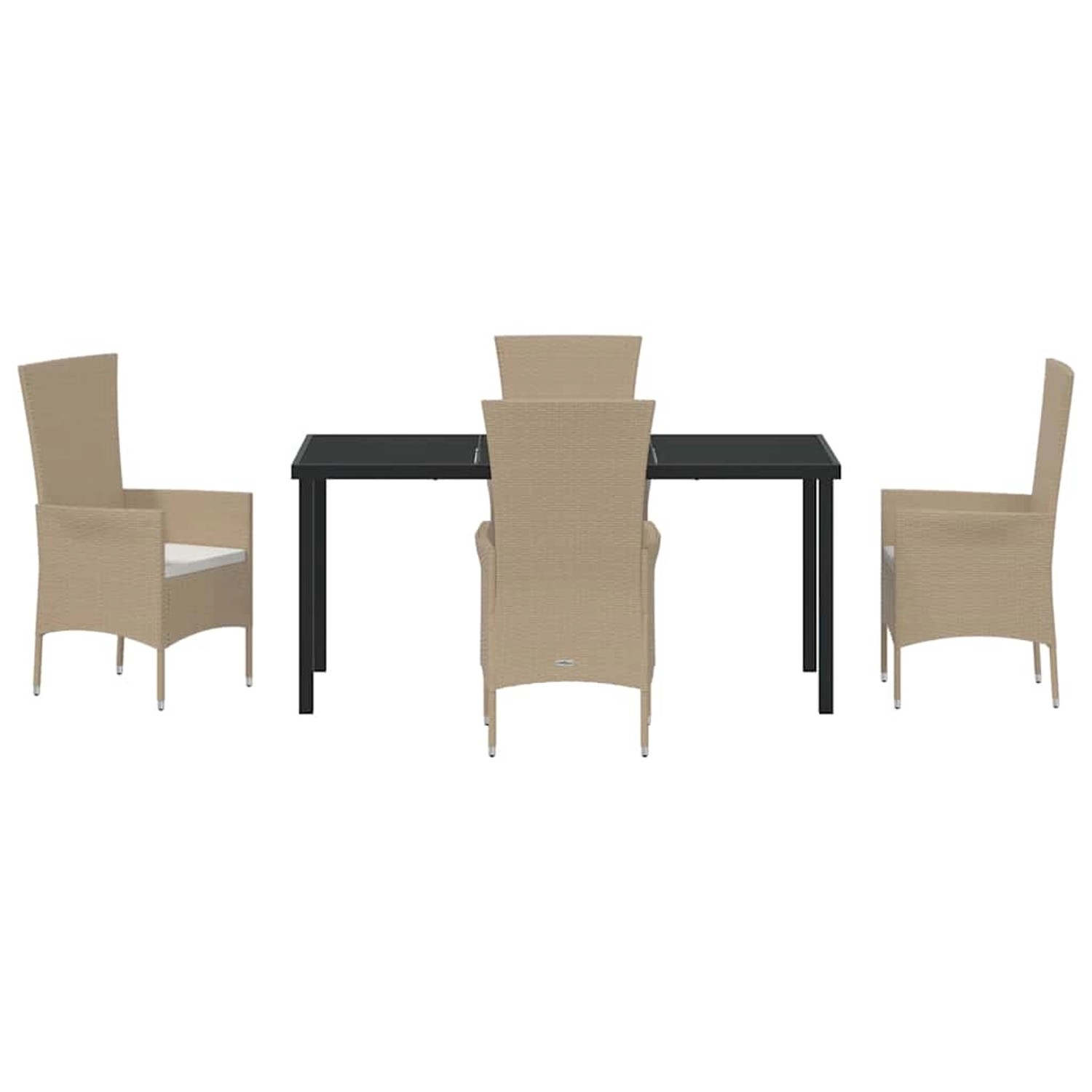 Beige 5-tlg. Garten Essgruppe aus Polyrattan mit Tisch und Stühlen inklusive Kissen.