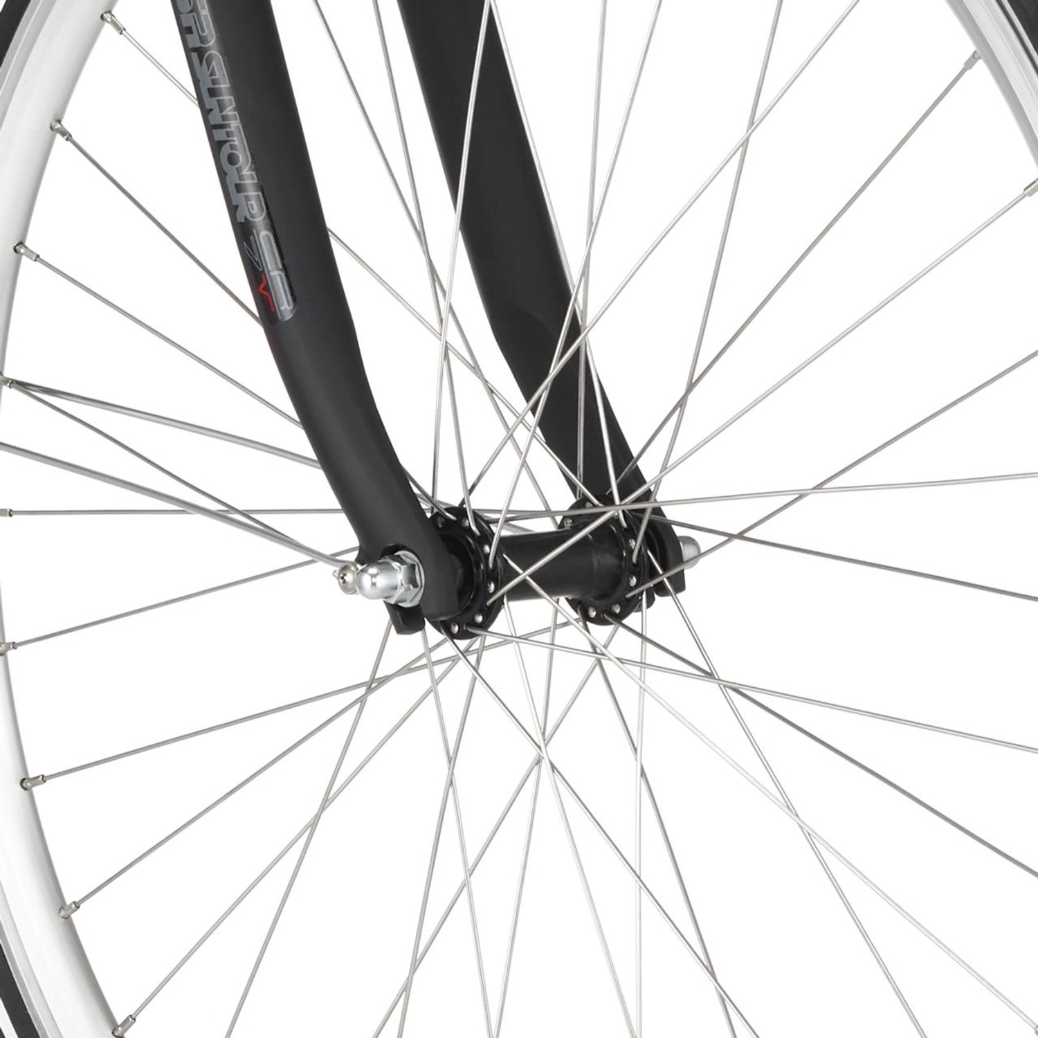 Detailaufnahme Vorderrad mit Speichen und Gabel des Fischer Cita 2.0 E-Bike City-Fahrrads.