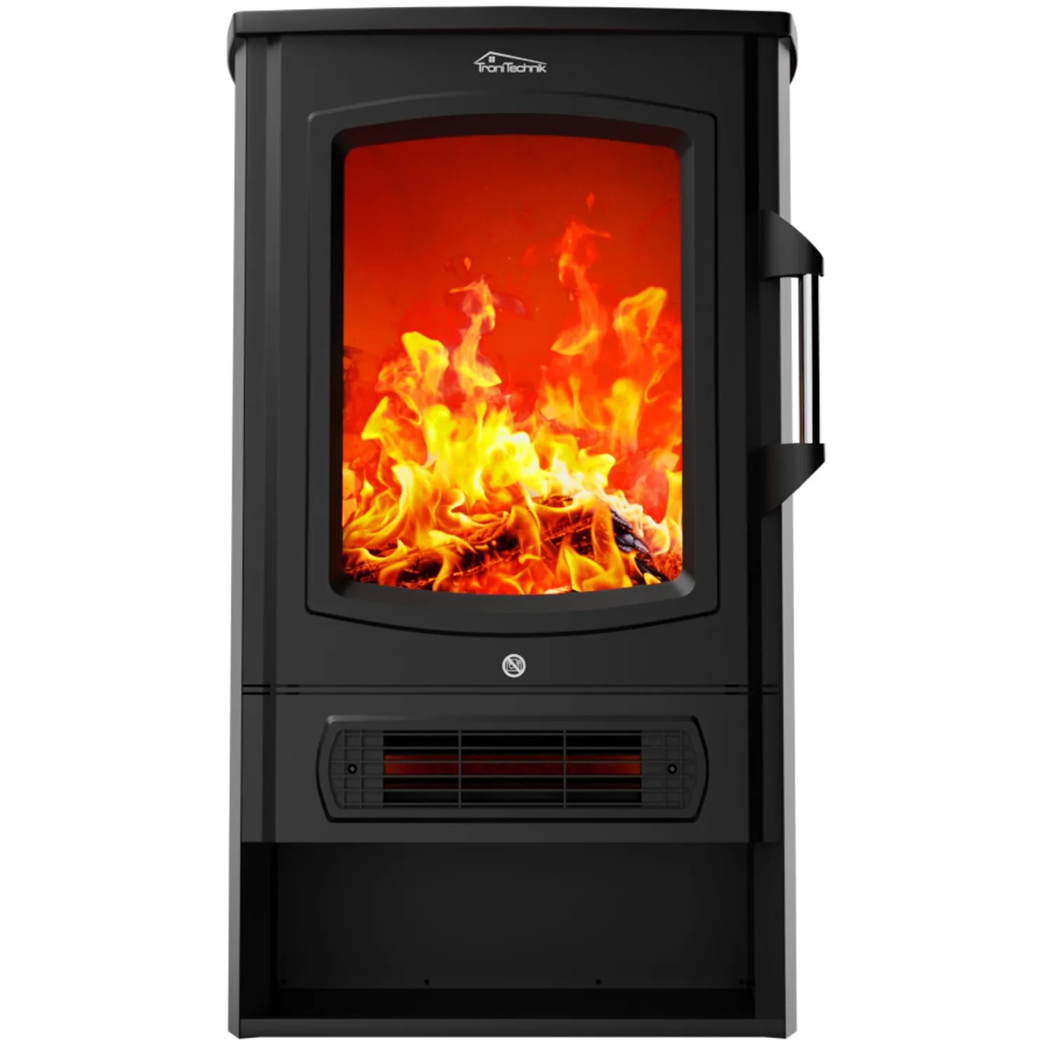 Schwarzer TroniTechnik Elektrokamin mit LED-Flammeneffekt und Heizfunktion.