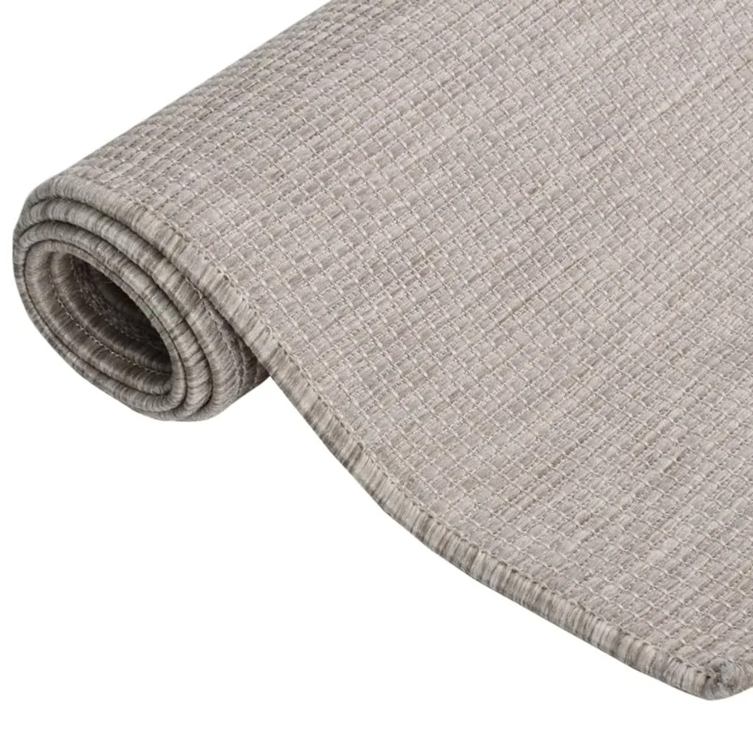 Hellgrauer vidaXL Outdoor-Teppich aus Flachgewebe, 100x200 cm, teilweise aufgerollt, mit feiner Webstruktur.