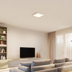 Quadratisches, weißes Philips Hue LED-Panel Tento White Ambiance an Zimmerdecke.