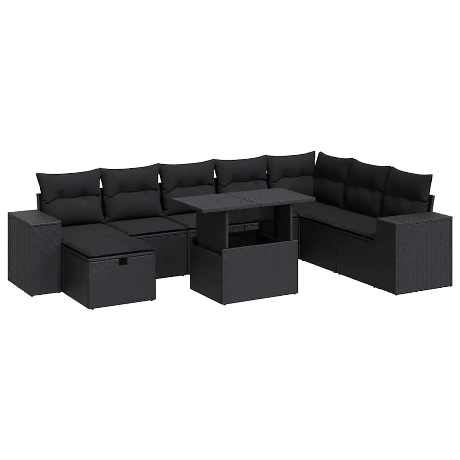 vidaXL 9-Tlg Garten-Sofagarnitur mit Kissen Schwarz Poly Rattan 3327955