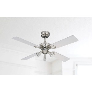 Westinghouse Deckenventilator Pearl Ahorn, 105 cm, mit Licht und Zugketten, Edelstahlgehäuse, Ahorn/weiße Flügel.