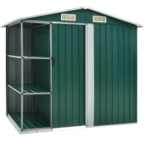 Grünes vidaXL Gartenhaus mit Regal, Eisen, 205x130x183 cm. Geräteschuppen mit Schiebetür.