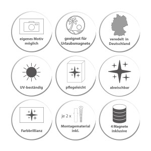 Details der Magnettafel: Eigene Motive, Urlaubsmagnete, Made in Germany, UV-beständig, Pflegeleicht, Abwischbar, Farbbrillanz, Montage, 4 Magnete.