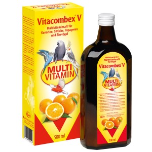 Quiko Vitacombex V Multivitaminsaft für Vögel, 500ml Flasche und Verpackung mit Orangen.