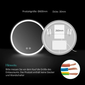 Emke runder Badspiegel, 60cm, mit LED-Beleuchtung (warmweiß, kaltweiß, neutralweiß) und Touch-Schalter.