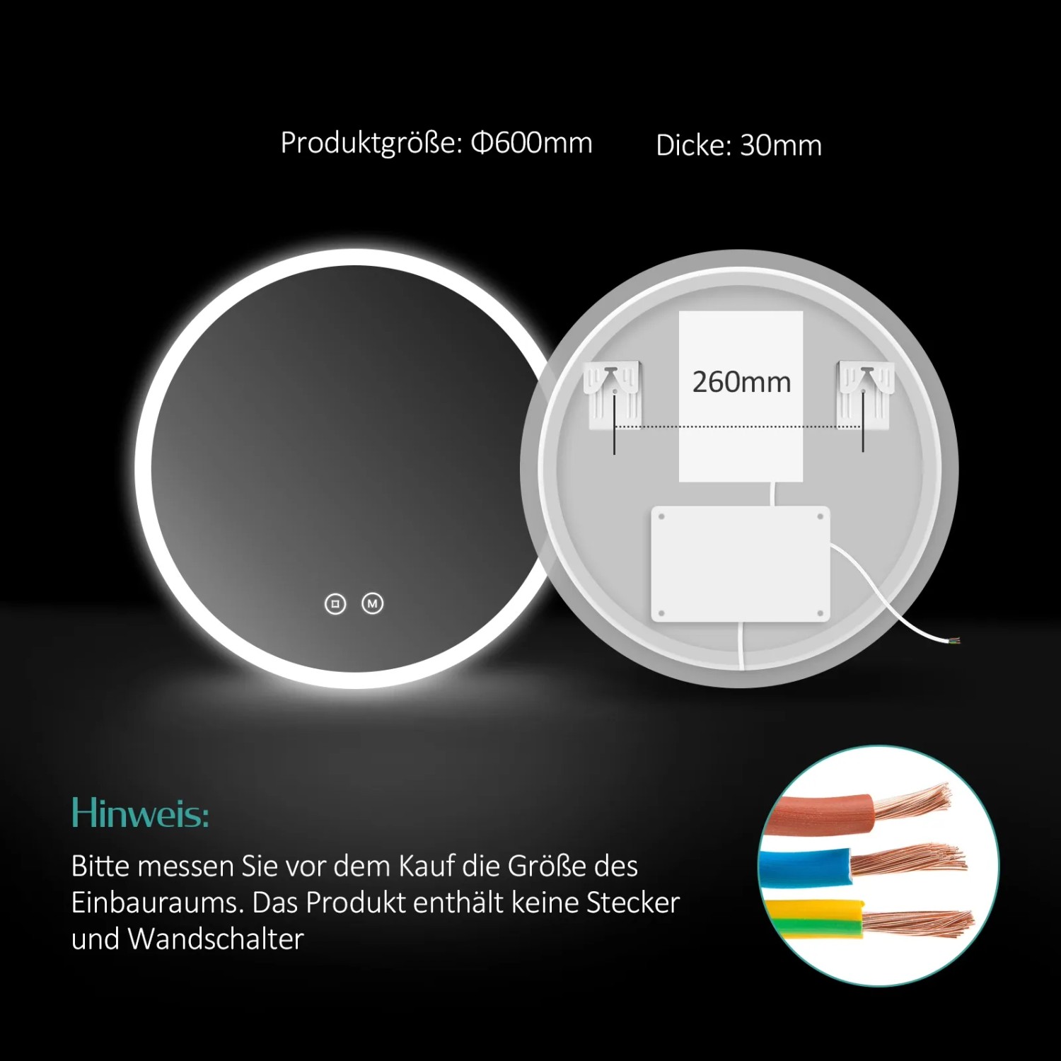 Emke runder Badspiegel, 60cm, mit LED-Beleuchtung (warmweiß, kaltweiß, neutralweiß) und Touch-Schalter.