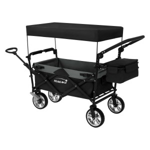 Hauki Bollerwagen XXL faltbar, schwarz-grau mit Dach und Tasche. Handwagen klappbar für Camping.