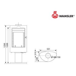 Technische Zeichnung Wamsler Nizza Kaminofen (10 kW) mit Maßen für Planung und Installation.