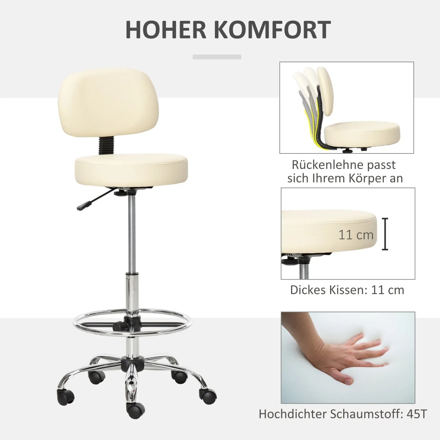 Beiger HOMCOM Barhocker aus Kunstleder und Stahl, höhenverstellbar und mit Rollen.