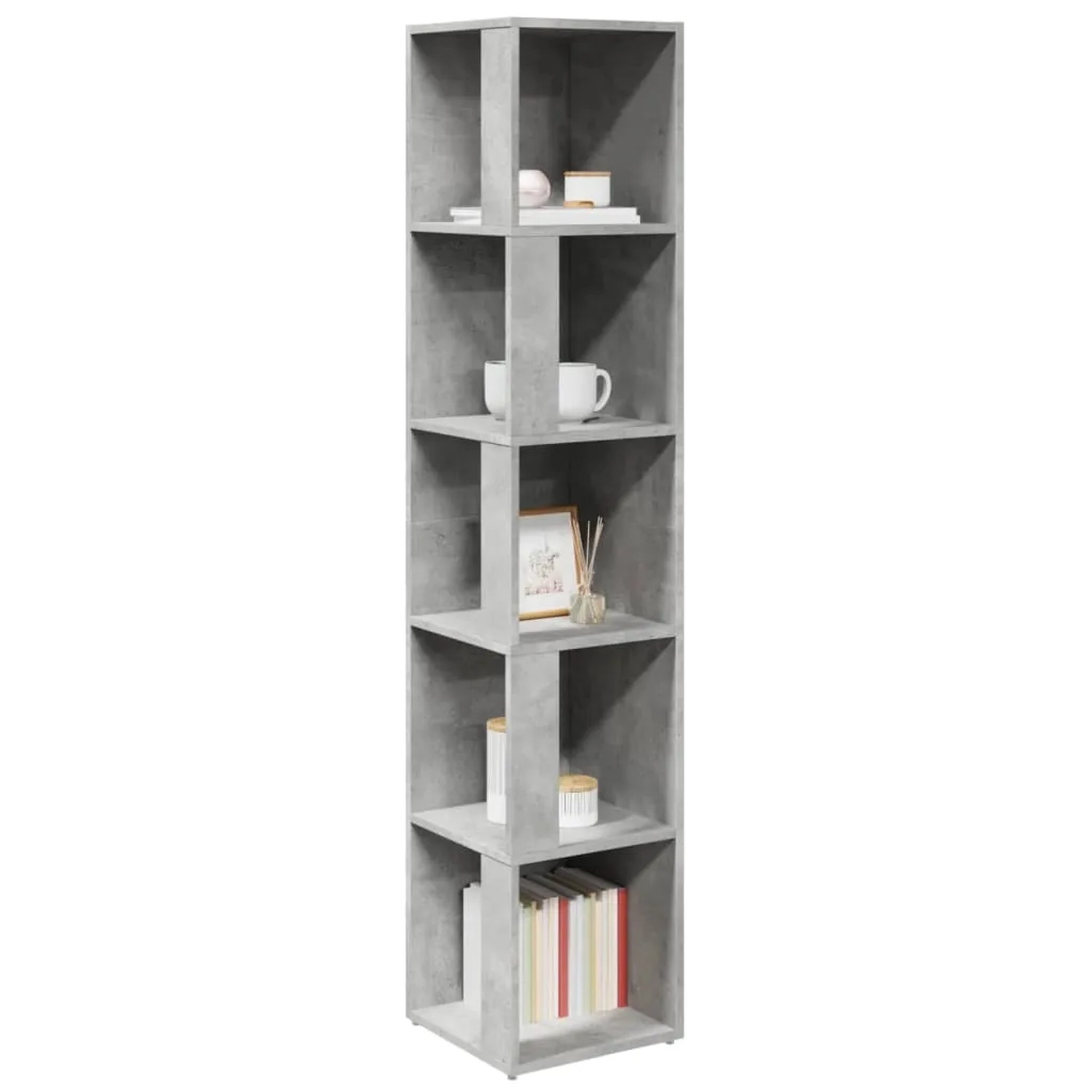 Eckregal in Betongrau mit fünf Fächern für Bücher und Deko im Wohnzimmer oder Büro.