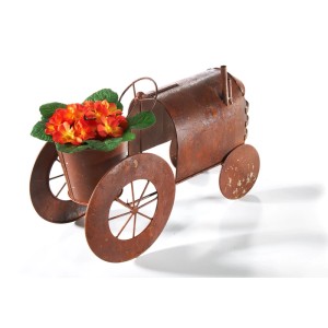 Kobolo Traktor Pflanztopf in Rostoptik mit Blumen, dekorativer Pflanzenständer für Garten und Balkon.