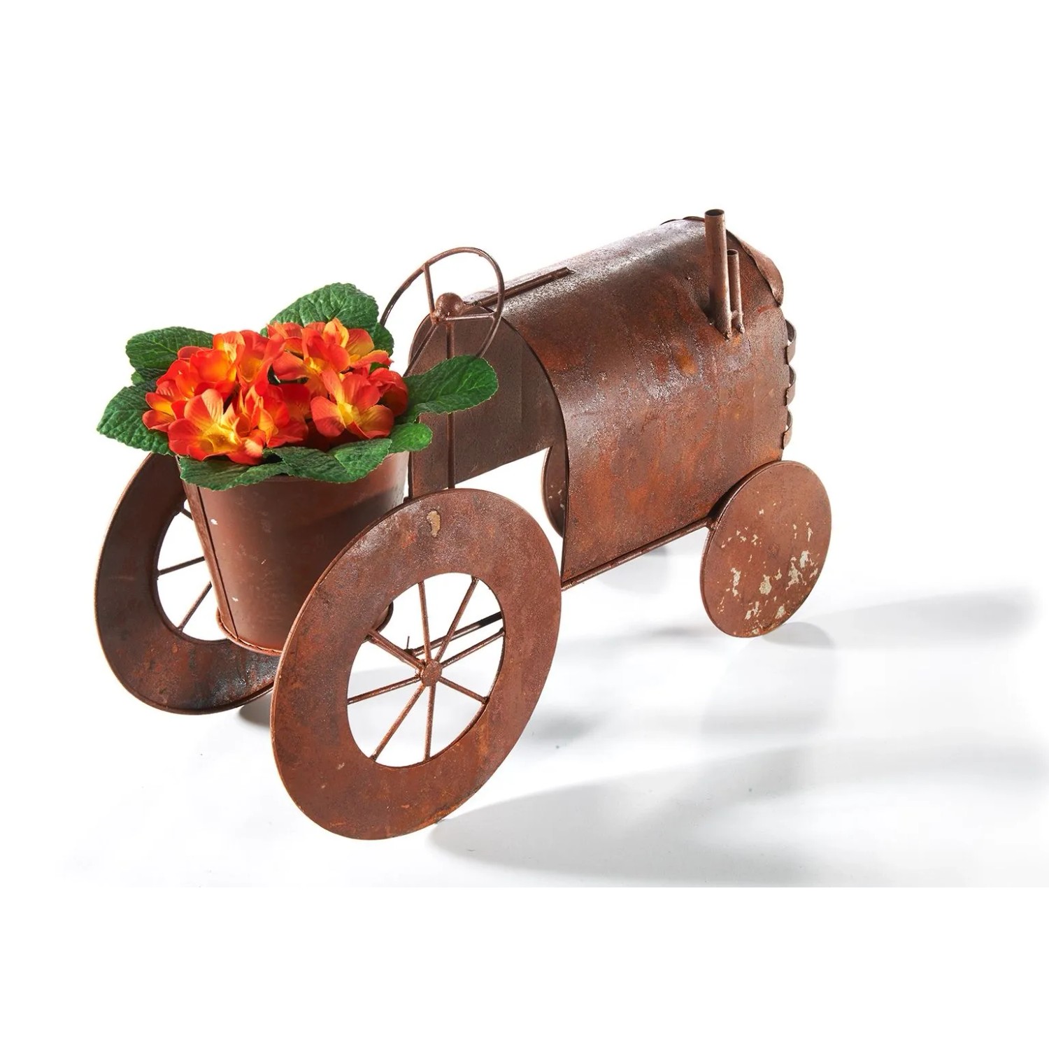 Kobolo Traktor Pflanztopf in Rostoptik mit Blumen, dekorativer Pflanzenständer für Garten und Balkon.