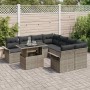 Graues 9-teiliges vidaXL Garten-Sofa-Set aus Poly Rattan mit Kissen und Tisch.