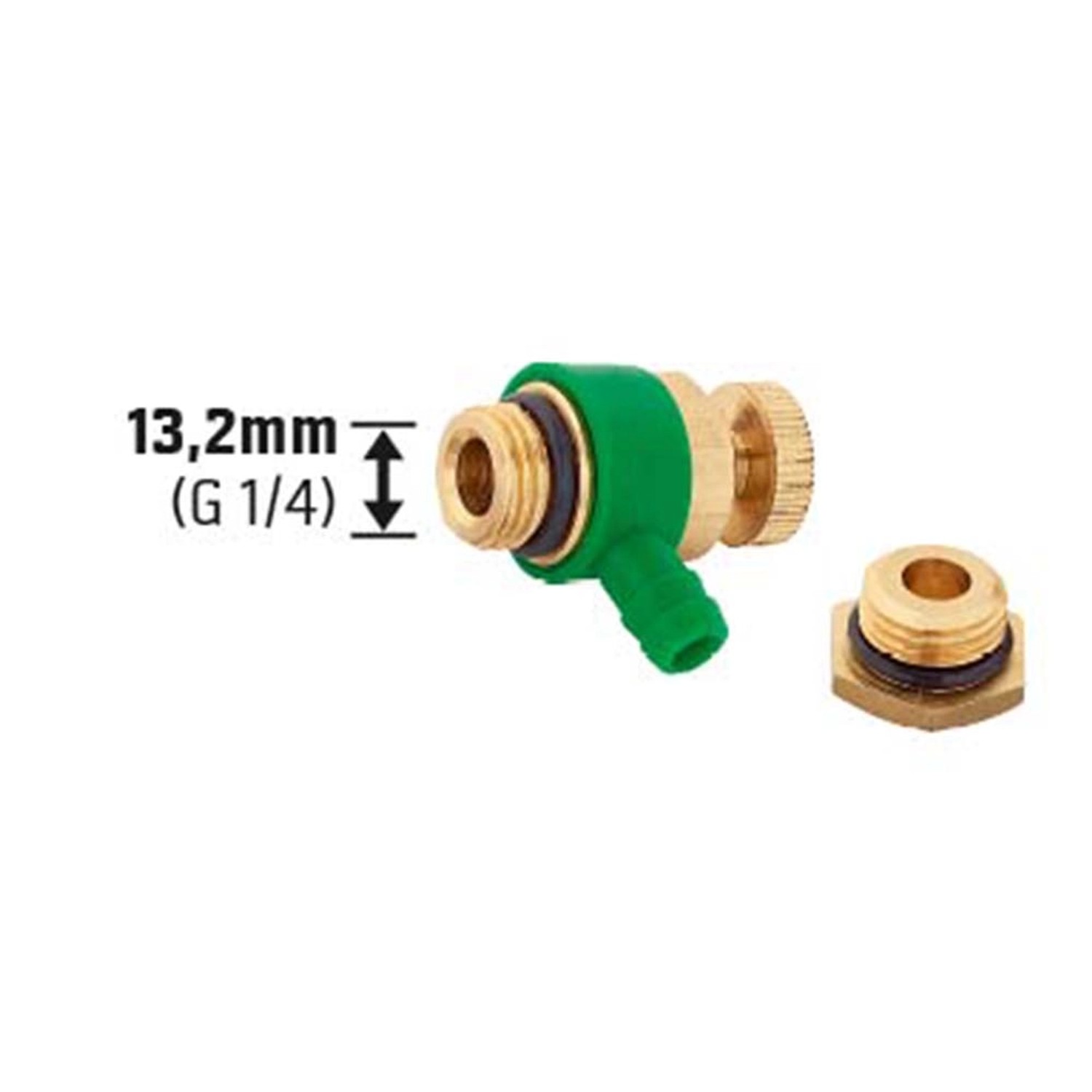 Entleerungsventil 13,2 mm (G 1/4) aus Messing mit grünem Griff und Blindstopfen.