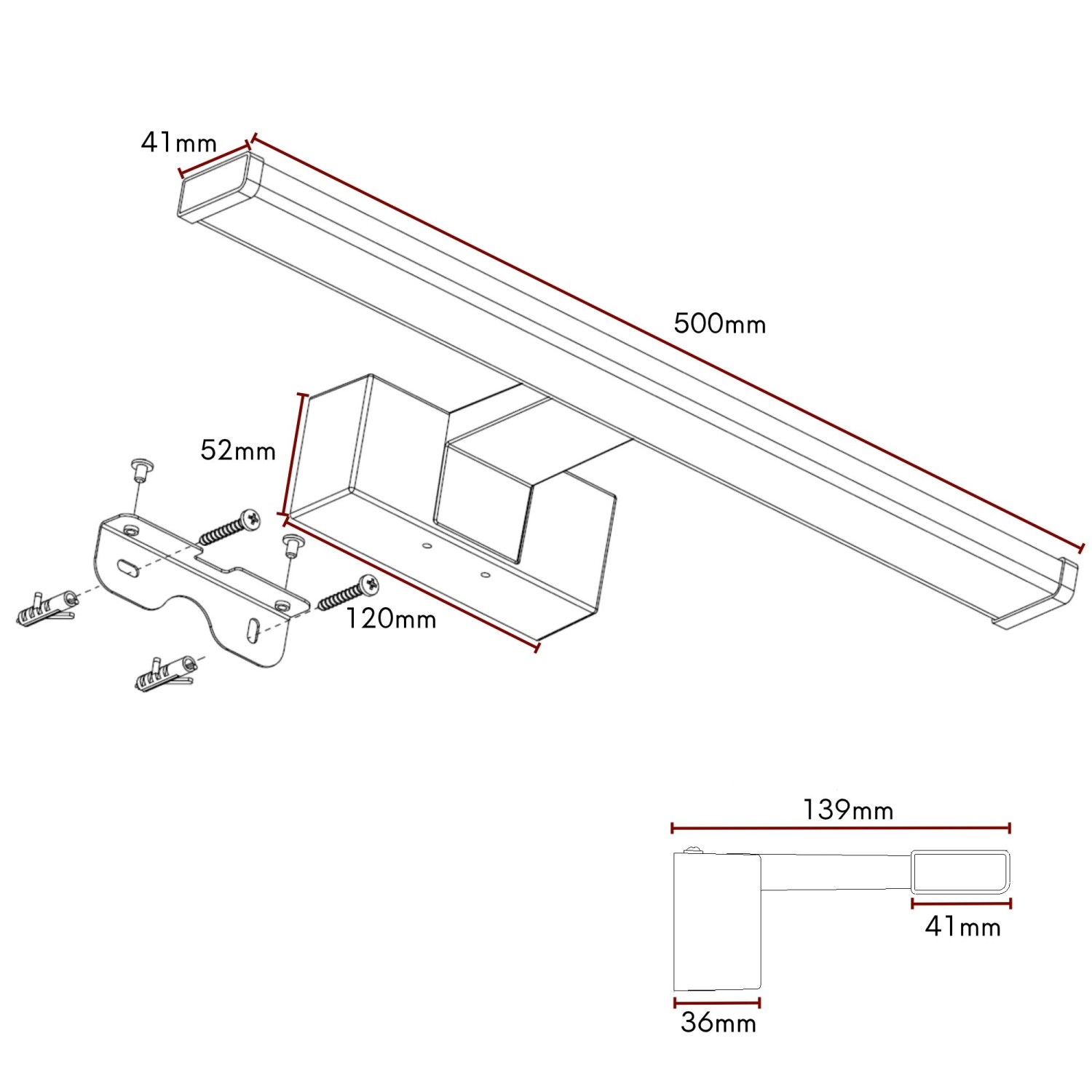 Technische Zeichnung: Kalb Wandlampe Chrom 500mm mit Maßen für Bad und Spiegelschrank Montage.