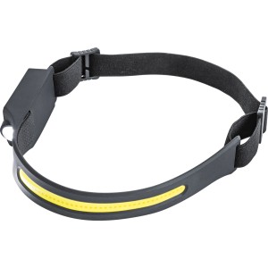Schwarze LED Kopfleuchte mit gelbem Lichtband, aufladbar, 400 Lumen, für den OBI Online-Shop.