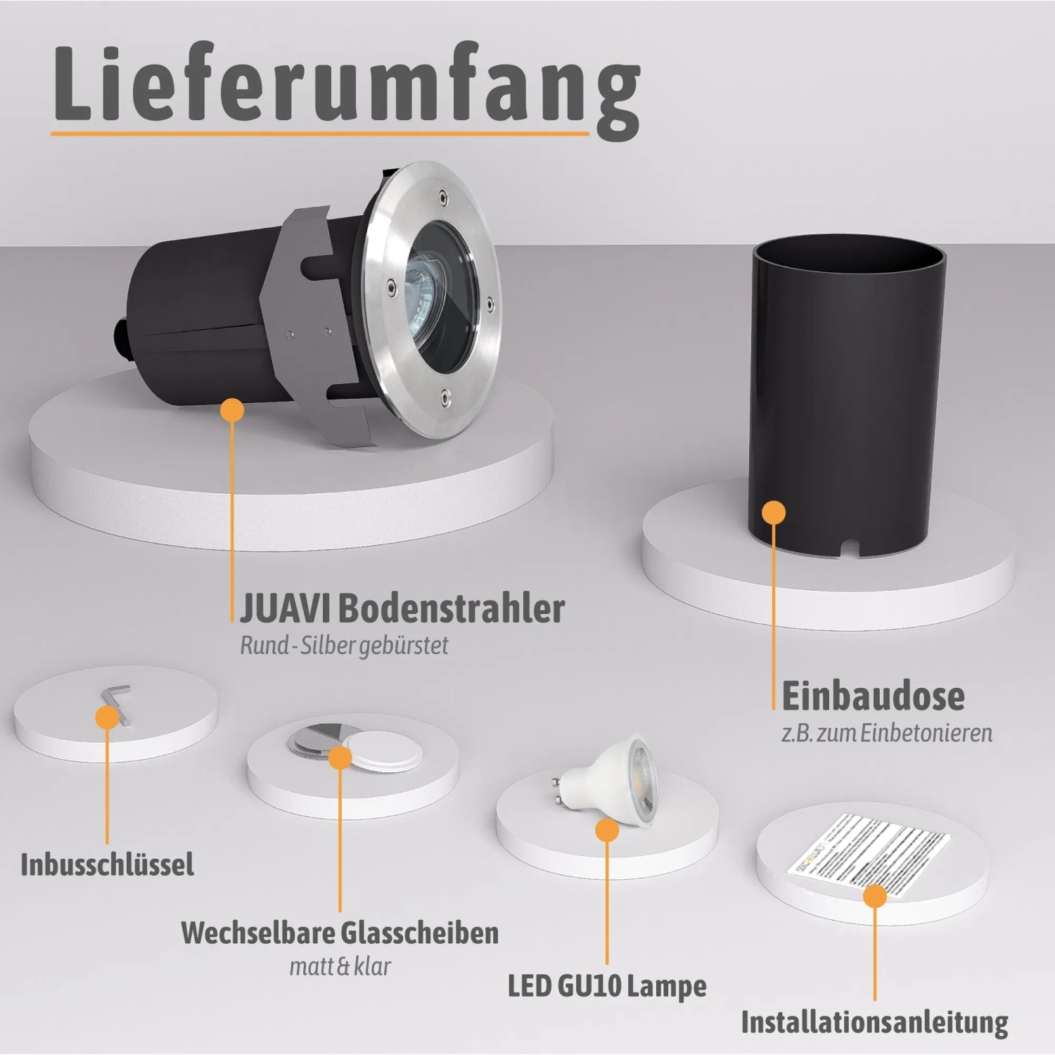 SSC-LUXon Juavi Bodeneinbaustrahler Set: Silberne Außenleuchte mit LED, Einbaudose, Glasscheiben und Zubehör.