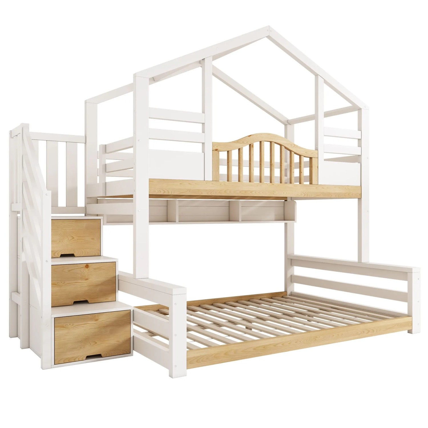 Merax Etagenbett 90x200+140x200cm Treppe Weiß Natur