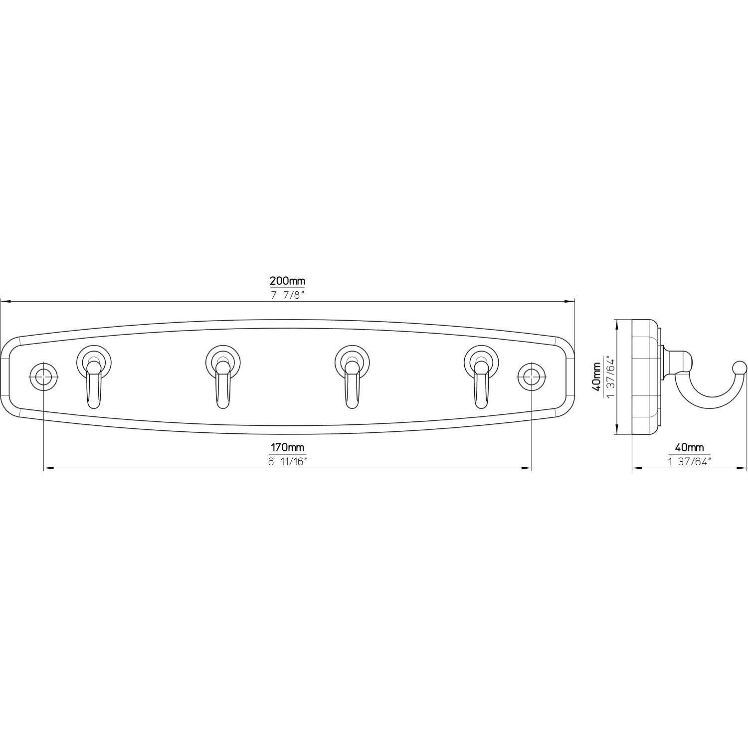 Technische Zeichnung: Siro Schlüsselleiste Buche/Messing, 200mm, 4 Haken, Maße und Details.