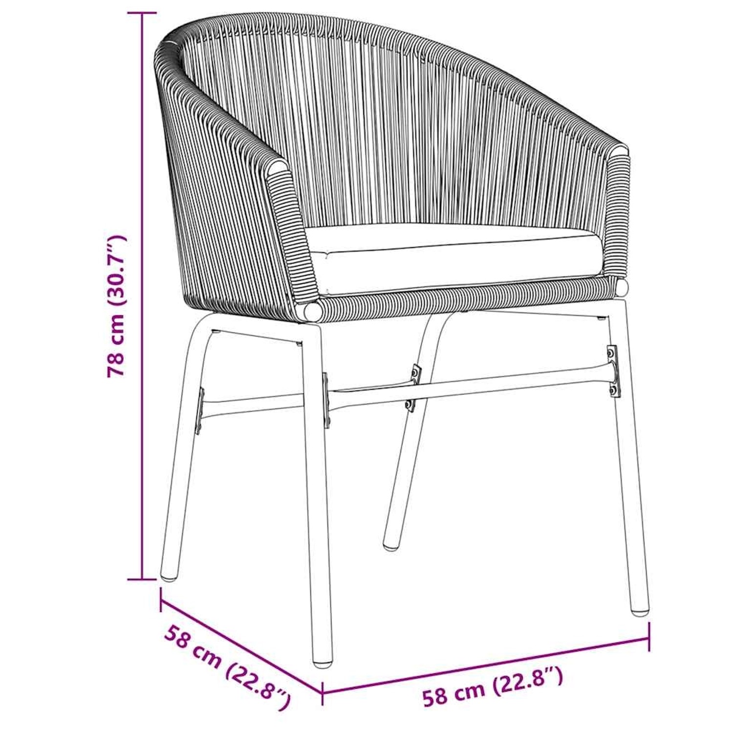 Schwarzer vidaXL Gartenstuhl aus Poly Rattan mit Sitzkissen, Teil der 7-tlg. Essgruppe.