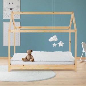 ML-Design Kinderbett 70x140 cm in Natur mit Dach und Lattenrost als Hausbett.