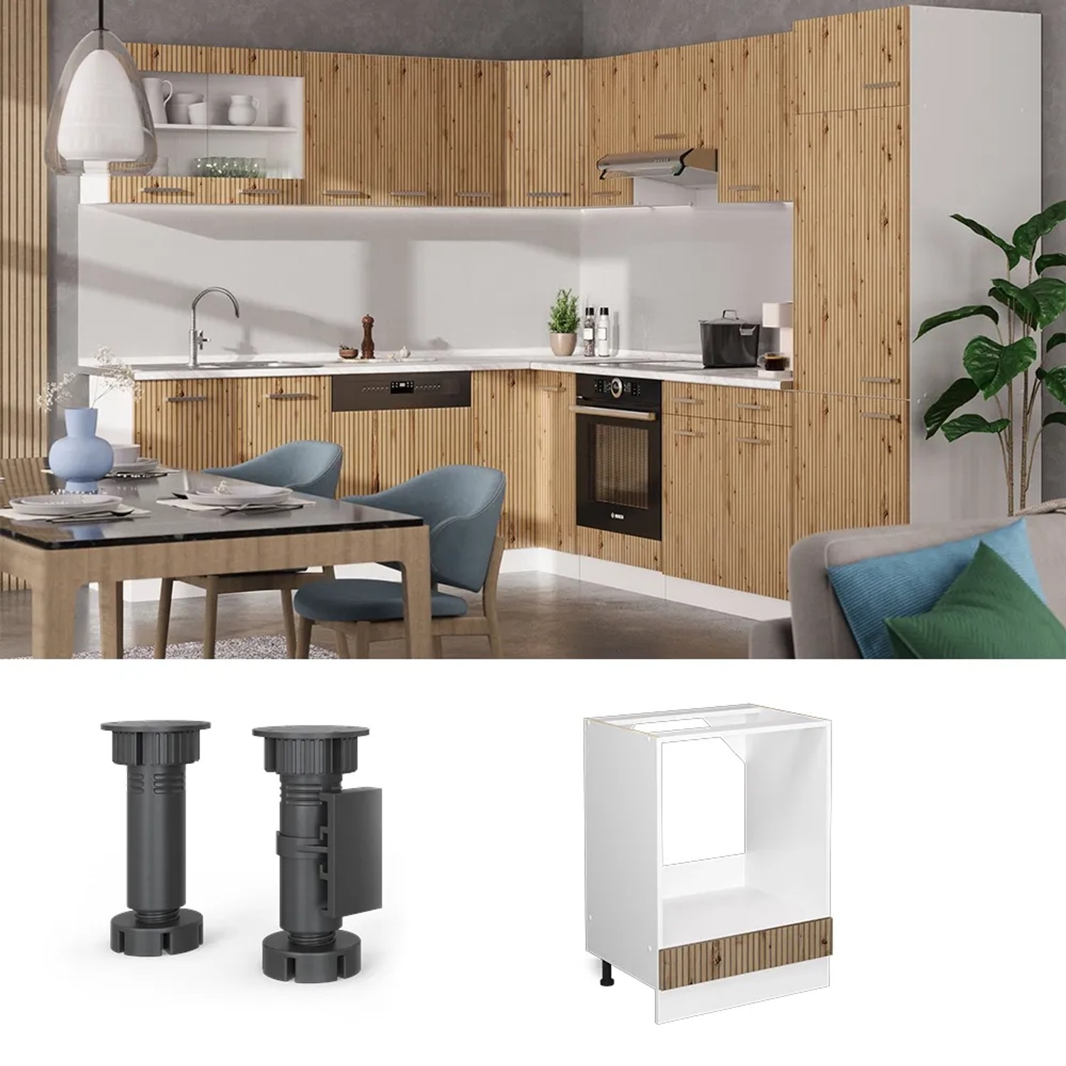 Vicco Herdumbauschrank R-Line, Artisan Eiche/Weiß, 60cm, mit Füßen und Detailansicht des Schranks.