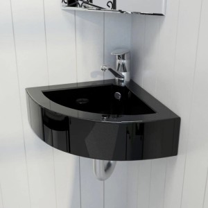 Schwarzes vidaXL Eck-Waschbecken aus Keramik mit Überlauf und Hahnloch.