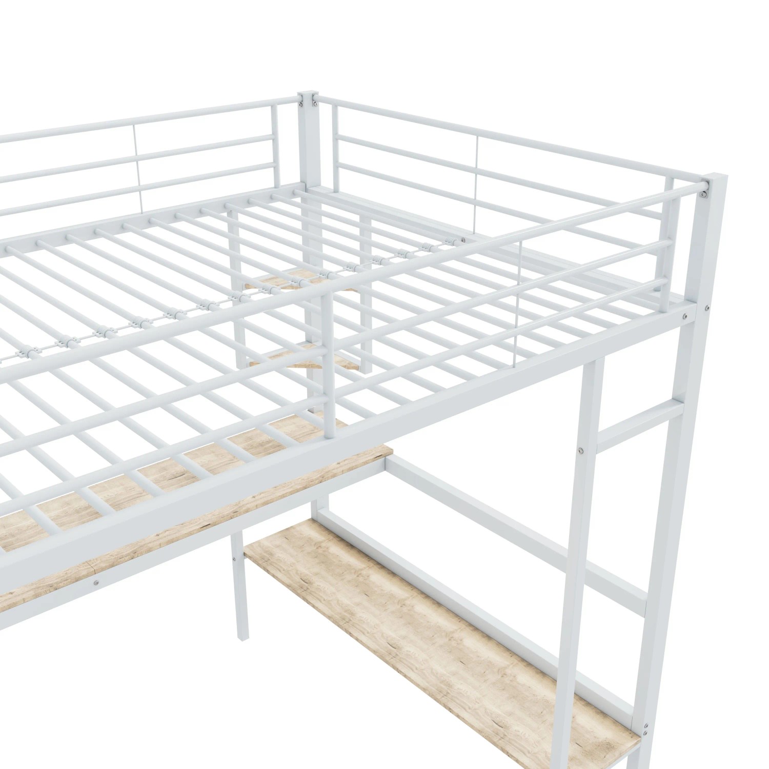 KOMHTOM Hochbett 90 x 200 Cm  Eisenbett  Bettgestell Mit Schreibtisch  Vier Kleinen Regalen Und Einem Großen Bücherregal  Metall + Mdf  Weiß
