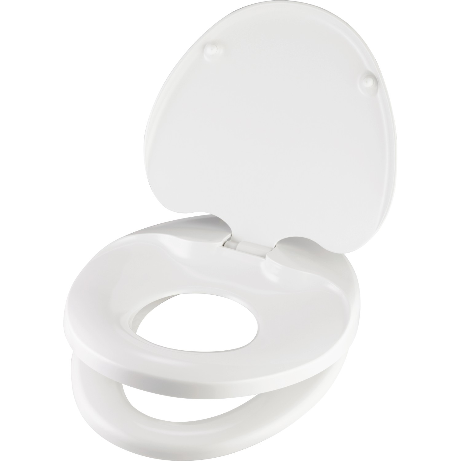 Weißer baliv WC-Sitz Fogo mit integriertem Kinder-WC-Sitz und geöffnetem Deckel.