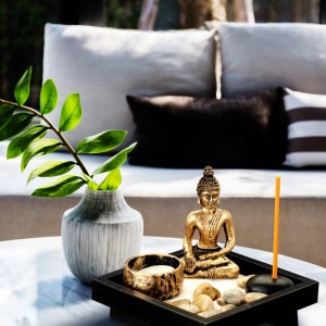 Relaxdays Zen Garten Holz Schwarz Bronze Mini mit Buddhafigur 11,5 x 12,5 x 12,5 cm 0,35 kg