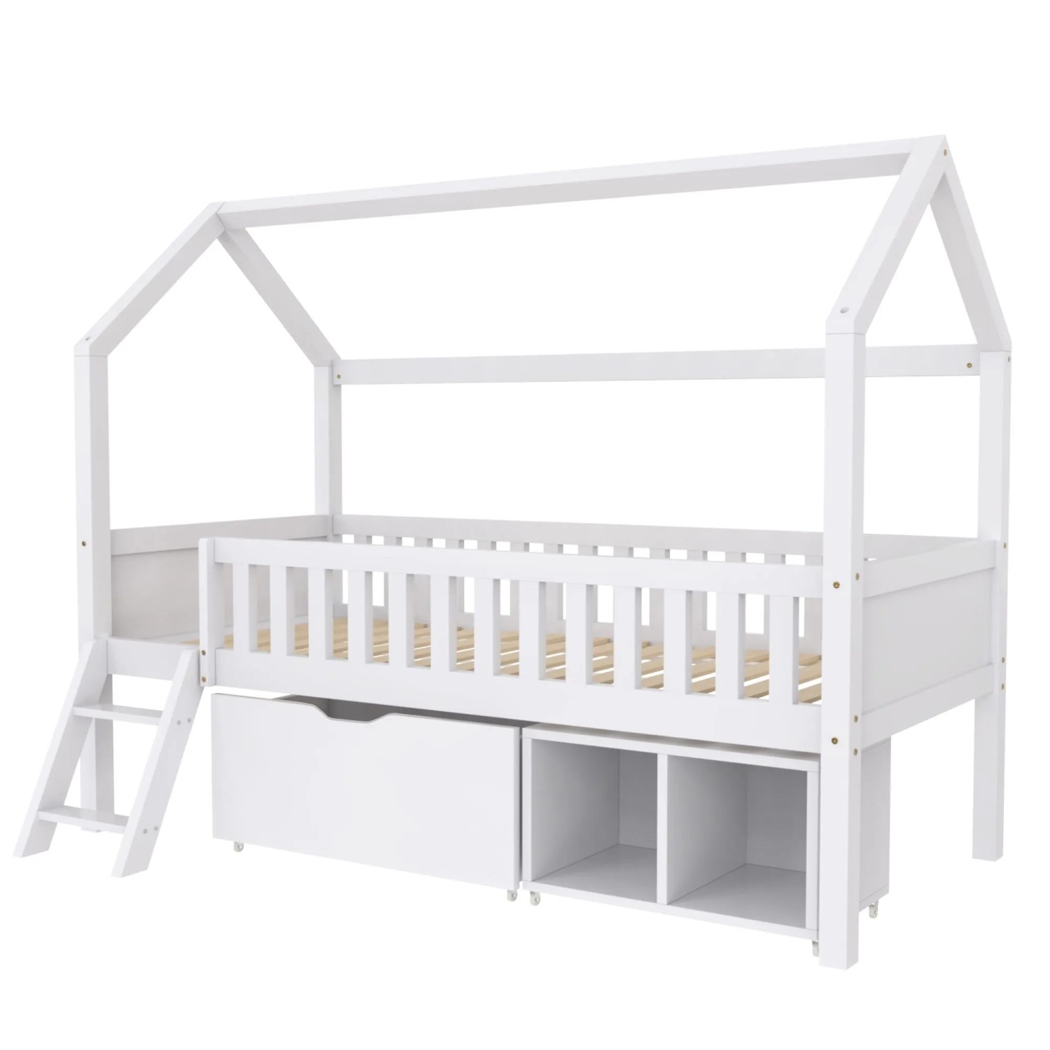 okwish Hausbett 90x200cm mit Schubladen und Ablagefächern Kinderzimmer Weiß ohne Matratze