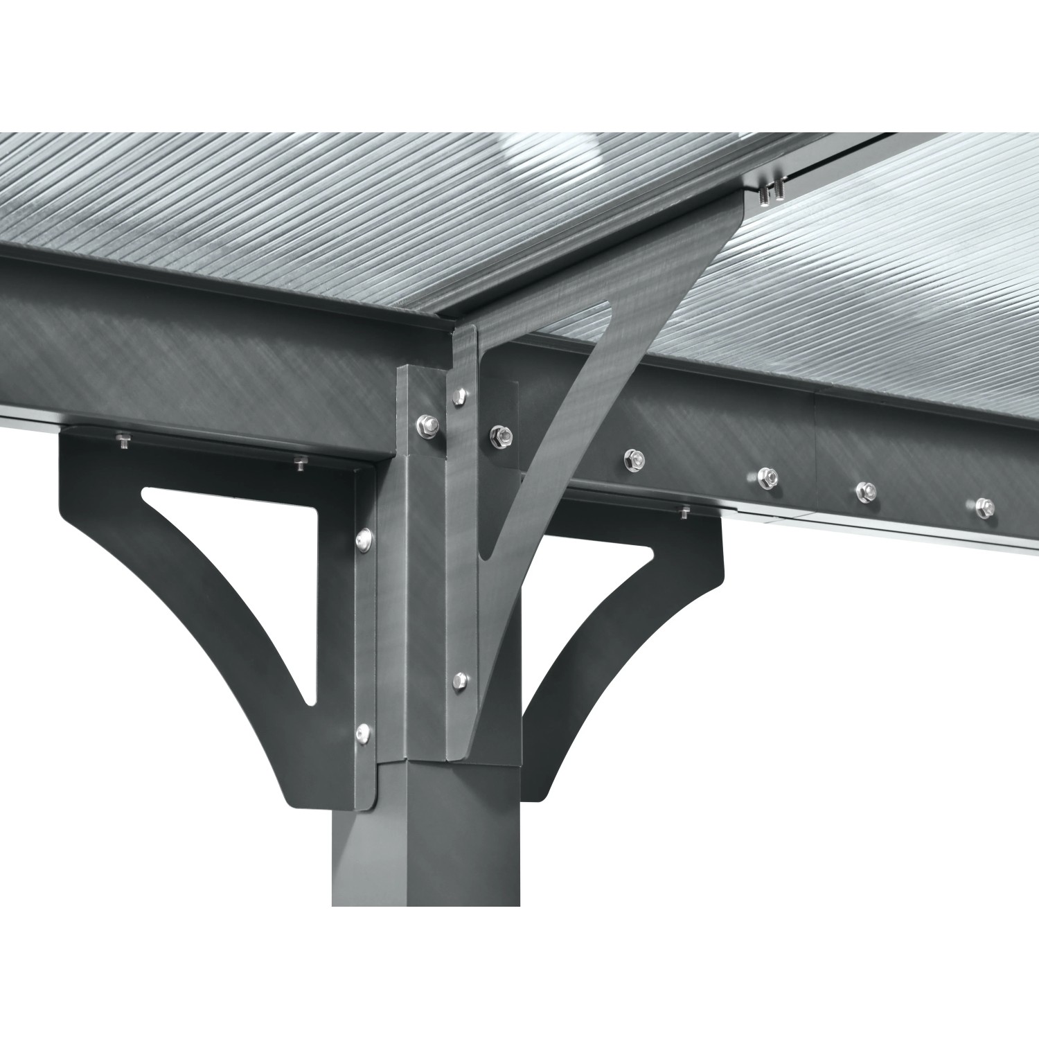 Detailansicht: Anthrazitfarbener Floraworld Flachdach-Carport aus Aluminium mit Polycarbonatplatten.