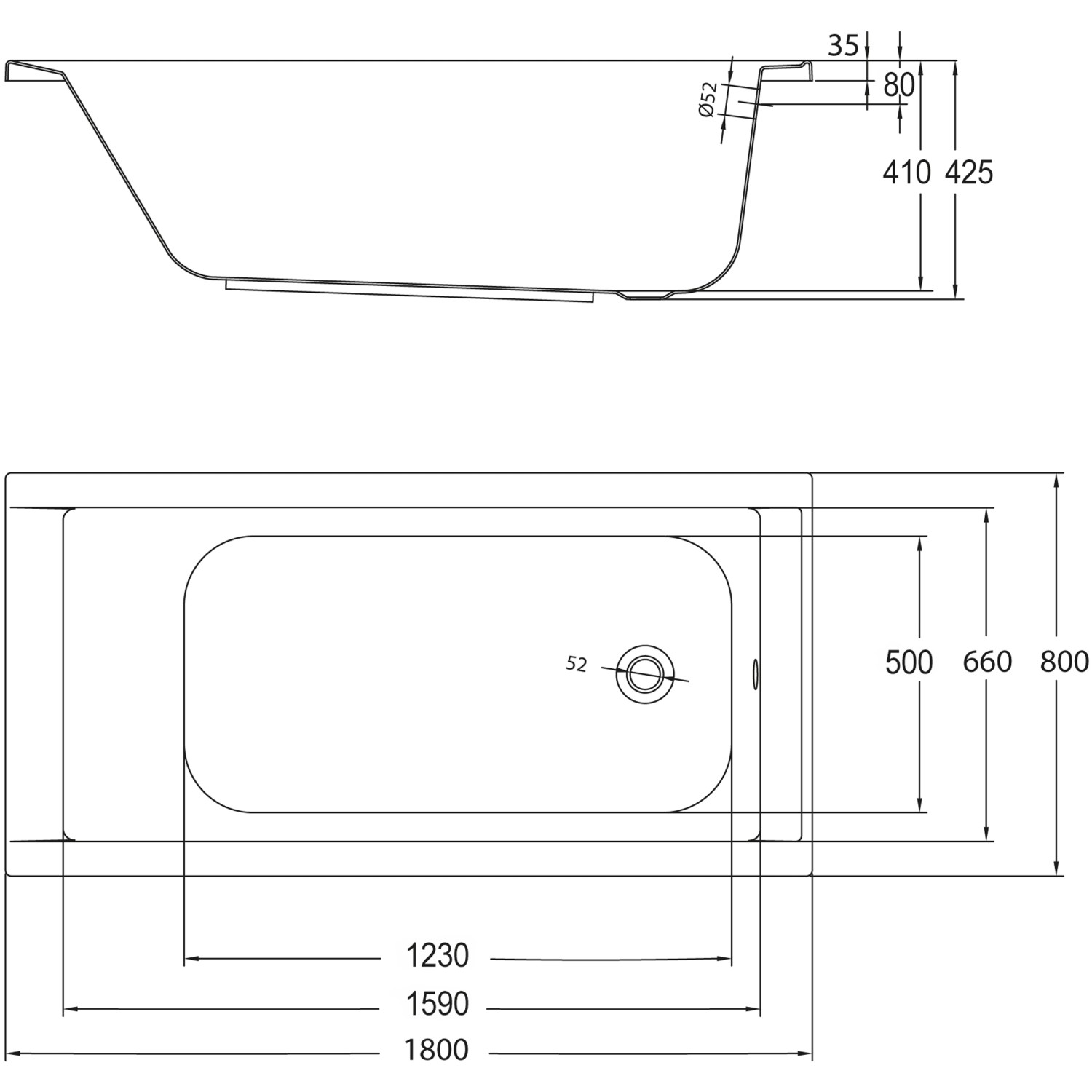 Technische Zeichnung Ottofond Körperformwanne 180x80 cm, Maße und Details für Installation.