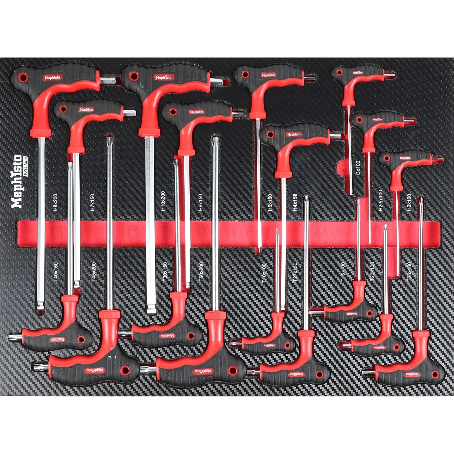 Mephisto Pro-Line Werkzeugwagen: T-Griff Schraubendreher Set mit rotem Griff in Werkzeugwagen Schublade.
