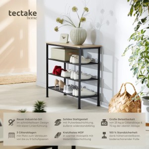 Tectake Schuhregal im Industrial Style mit Holzablage und drei Gitterböden für Schuhe.